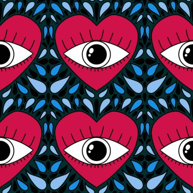 Karikatür retro sevgililer günü kartları, kumaşları, çarşafları, çocuk baskılarını, moda tekstillerini, şenlikli aksesuarları ve ambalajları paketlemek için kusursuz gözler ve kalpler deseni. Yüksek kaliteli illüstrasyon