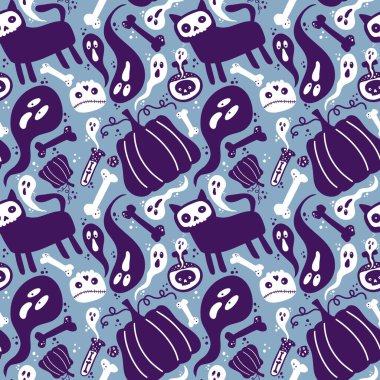 Cadılar Bayramı kedisi ve balkabağı derisi dikişsiz hayaletler ve kafatasları ve kağıt ve kumaşlar için zehir deseni ve çocuk giysileri baskısı ve sonbahar ambalajı ve moda tekstili. Yüksek kaliteli illüstrasyon