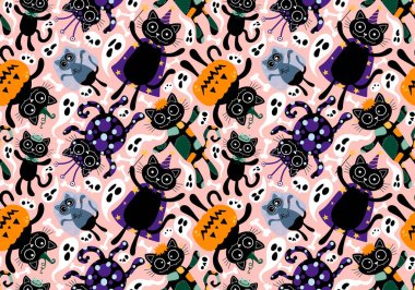 Cadılar Bayramı kedisi ve balkabağı derisi dikişsiz hayaletler ve kafatasları ve kağıt ve kumaşlar için zehir deseni ve çocuk giysileri baskısı ve sonbahar ambalajı ve moda tekstili. Yüksek kaliteli illüstrasyon