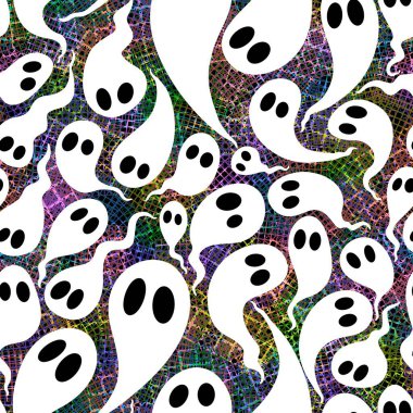 Cadılar Bayramı hayaletleri kağıt, kumaş, çarşaf ve çocuk giysileri baskısı, ambalaj ve şenlikli aksesuarlar için kusursuz çizgi film desenleri. Yüksek kaliteli illüstrasyon