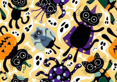 Cadılar Bayramı kedisi ve balkabağı derisi dikişsiz hayaletler ve kafatasları ve kağıt ve kumaşlar için zehir deseni ve çocuk giysileri baskısı ve sonbahar ambalajı ve moda tekstili. Yüksek kaliteli illüstrasyon