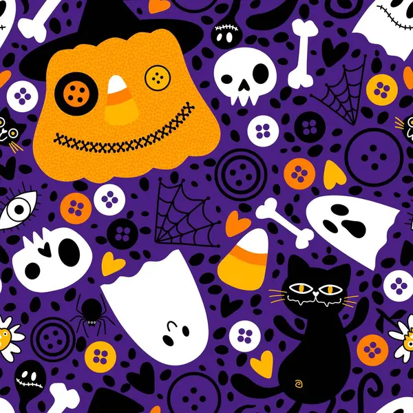 Cartoon Doodle Halloween Naadloze Katten Pompoenen Sneeuwpop Schedels Botten Patroon — Stockfoto