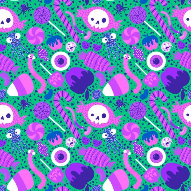 Çizgi film cadılar bayramı şekerleri dikişsiz lolipop, vişne şekeri, kurtçuklar, kafatası desenleri ve çocuk giysileri baskısı, sonbahar aksesuarları ve şenlik ambalajı. Yüksek kaliteli illüstrasyon