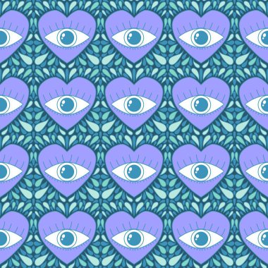 Karikatür retro sevgililer günü kartları, kumaşları, çarşafları, çocuk baskılarını, moda tekstillerini, şenlikli aksesuarları ve ambalajları paketlemek için kusursuz gözler ve kalpler deseni. Yüksek kaliteli illüstrasyon