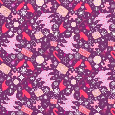 Noel ağacı dikişsiz kış eldivenleri ve Noel Baba şapkası ve hediyeler ve paketleme kağıtları ve kumaşlar için şeker deseni ve çocuk baskısı ve şenlikli paketleme ve yeni yıl aksesuarları. Yüksek kaliteli illüstrasyon