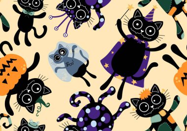 Cadılar Bayramı kedisi ve balkabağı derisi dikişsiz hayaletler ve kafatasları ve kağıt ve kumaşlar için zehir deseni ve çocuk giysileri baskısı ve sonbahar ambalajı ve moda tekstili. Yüksek kaliteli illüstrasyon