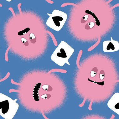 Çizgi film canavarları kağıt, kumaş, çarşaf, çocuk giysisi baskısı, şenlikli aksesuarlar ve anaokulu tekstil ürünleri için kusursuz tüysüz uzaylı desenleri. Yüksek kalite fotoğraf