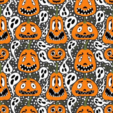 Çizgi film retro sebze hasadı dikişsiz Cadılar Bayramı balkabağı deseni kağıt, kumaş, çarşaf, çocuk baskısı, şenlikli ambalaj ve sonbahar aksesuarları. Yüksek kaliteli illüstrasyon