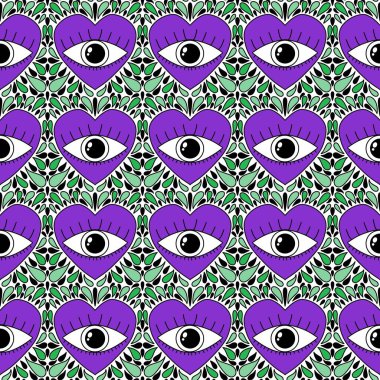 Karikatür retro sevgililer günü kartları, kumaşları, çarşafları, çocuk baskılarını, moda tekstillerini, şenlikli aksesuarları ve ambalajları paketlemek için kusursuz gözler ve kalpler deseni. Yüksek kaliteli illüstrasyon