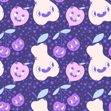 Çizgi filmdeki meyvesiz kirazlar, armutlar ve şeftali desenli ambalajlar, çocuk giysileri, tekstil ürünleri, şenlikli ambalajlar ve sonbahar aksesuarları. Yüksek kaliteli illüstrasyon