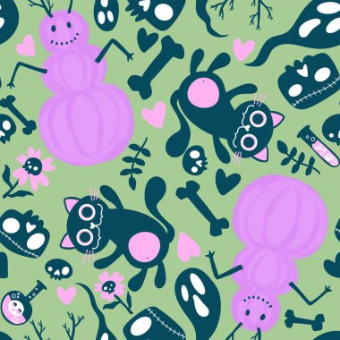 Çizgi filmlerde cadılar bayramı kediler ve balkabakları kardan adam ve kafatası ve kemik deseni ambalaj kağıdı, kumaş ve çarşaf ve çocuk baskısı ve sonbahar ve festival için. Yüksek kaliteli illüstrasyon