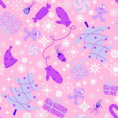 Noel ağacı dikişsiz kış eldivenleri ve Noel Baba şapkası ve hediyeler ve paketleme kağıtları ve kumaşlar için şeker deseni ve çocuk baskısı ve şenlikli paketleme ve yeni yıl aksesuarları. Yüksek kaliteli illüstrasyon