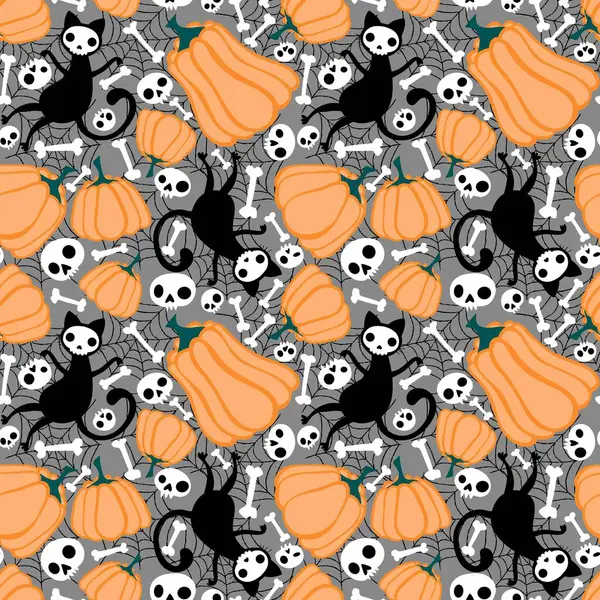 Cartoon Doodle Halloween Varrat Nélküli Macskák Tök Koponyák Csontok Minta — Stock Fotó