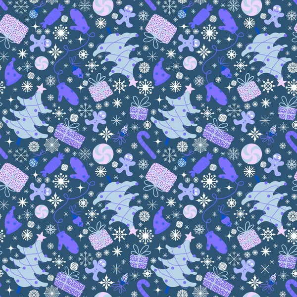 Рождественская Елка Бесшовные Зимние Перчатки Санта Шляпа Подарки Конфеты Шаблон — стоковое фото