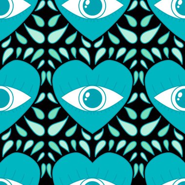 Karikatür retro sevgililer günü kartları, kumaşları, çarşafları, çocuk baskılarını, moda tekstillerini, şenlikli aksesuarları ve ambalajları paketlemek için kusursuz gözler ve kalpler deseni. Yüksek kaliteli illüstrasyon