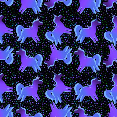 Çizgi filmlerdeki sihirli hayvanlar kağıt, kumaş, çarşaf ve çocuk giysileri baskısı, şenlik ambalajları ve doğum günü aksesuarları için tek boynuzlu at desenleri. Yüksek kaliteli illüstrasyon