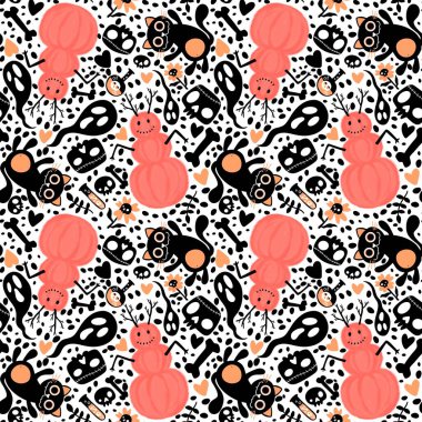 Çizgi filmlerde cadılar bayramı kediler ve balkabakları kardan adam ve kafatası ve kemik deseni ambalaj kağıdı, kumaş ve çarşaf ve çocuk baskısı ve sonbahar ve festival için. Yüksek kaliteli illüstrasyon