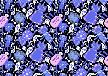 Cadılar Bayramı kedisi ve balkabağı derisi dikişsiz hayaletler ve kafatasları ve kağıt ve kumaşlar için zehir deseni ve çocuk giysileri baskısı ve sonbahar ambalajı ve moda tekstili. Yüksek kaliteli illüstrasyon