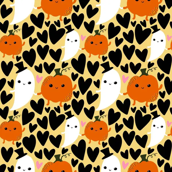 Cartoon Kawaii Halloween Seamless Pumpkins Ghost Pattern Wrapping Paper Fabrics — Stock Photo, Image