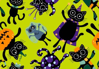 Cadılar Bayramı kedisi ve balkabağı derisi dikişsiz hayaletler ve kafatasları ve kağıt ve kumaşlar için zehir deseni ve çocuk giysileri baskısı ve sonbahar ambalajı ve moda tekstili. Yüksek kaliteli illüstrasyon