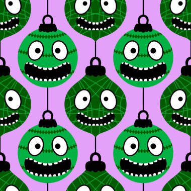 Noel ağacı topları, kumaşlar, ambalaj kağıtları, çocuk giysileri baskısı, yeni yıl ambalajları ve şenlikli aksesuarları olan kusursuz çizgi film canavarları. Yüksek kaliteli illüstrasyon