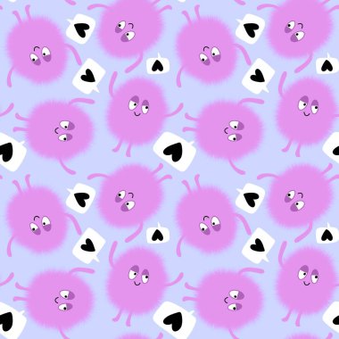 Çizgi film canavarları kağıt, kumaş, çarşaf, çocuk giysisi baskısı, şenlikli aksesuarlar ve anaokulu tekstil ürünleri için kusursuz tüysüz uzaylı desenleri. Yüksek kalite fotoğraf