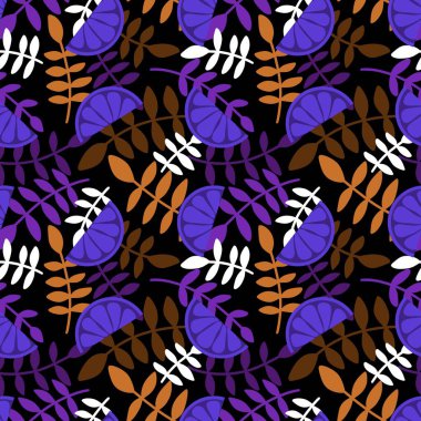 Kağıt, kumaş, çarşaf, çocuk giysisi baskısı, moda tekstil ürünleri ve şenlik aksesuarları için yaz meyvesiz yapraklar ve limon deseni. Yüksek kaliteli illüstrasyon