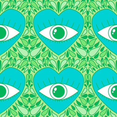 Karikatür retro sevgililer günü kartları, kumaşları, çarşafları, çocuk baskılarını, moda tekstillerini, şenlikli aksesuarları ve ambalajları paketlemek için kusursuz gözler ve kalpler deseni. Yüksek kaliteli illüstrasyon