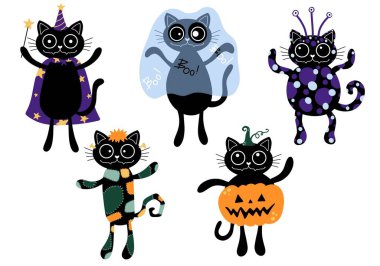 Cadılar Bayramı kedisi paketleme kağıdı, kumaş ve çocuk giysileri baskısı ve sonbahar ambalajı ve moda tekstili için hazır. Yüksek kaliteli illüstrasyon