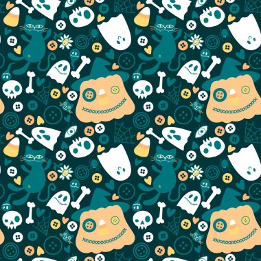 Çizgi filmlerde cadılar bayramı kediler ve balkabakları kardan adam ve kafatası ve kemik deseni ambalaj kağıdı, kumaş ve çarşaf ve çocuk baskısı ve sonbahar ve festival için. Yüksek kaliteli illüstrasyon