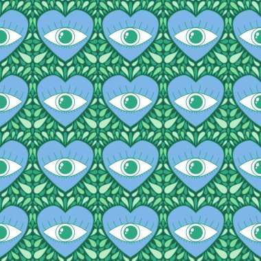 Karikatür retro sevgililer günü kartları, kumaşları, çarşafları, çocuk baskılarını, moda tekstillerini, şenlikli aksesuarları ve ambalajları paketlemek için kusursuz gözler ve kalpler deseni. Yüksek kaliteli illüstrasyon