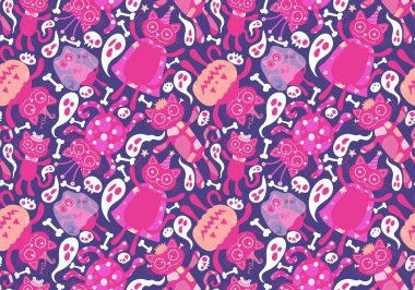 Cadılar Bayramı kedisi ve balkabağı derisi dikişsiz hayaletler ve kafatasları ve kağıt ve kumaşlar için zehir deseni ve çocuk giysileri baskısı ve sonbahar ambalajı ve moda tekstili. Yüksek kaliteli illüstrasyon