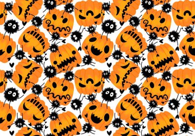 Çizgi film retro sebze hasadı dikişsiz Cadılar Bayramı balkabağı deseni kağıt, kumaş, çarşaf, çocuk baskısı, şenlikli ambalaj ve sonbahar aksesuarları. Yüksek kaliteli illüstrasyon