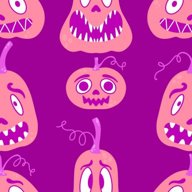 Çizgi film retro sebze hasadı dikişsiz Cadılar Bayramı balkabağı deseni kağıt, kumaş, çarşaf, çocuk baskısı, şenlikli ambalaj ve sonbahar aksesuarları. Yüksek kaliteli illüstrasyon