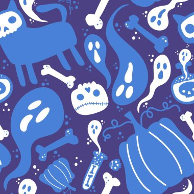 Cadılar Bayramı kedisi ve balkabağı derisi dikişsiz hayaletler ve kafatasları ve kağıt ve kumaşlar için zehir deseni ve çocuk giysileri baskısı ve sonbahar ambalajı ve moda tekstili. Yüksek kaliteli illüstrasyon