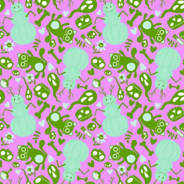 Çizgi filmlerde cadılar bayramı kediler ve balkabakları kardan adam ve kafatası ve kemik deseni ambalaj kağıdı, kumaş ve çarşaf ve çocuk baskısı ve sonbahar ve festival için. Yüksek kaliteli illüstrasyon