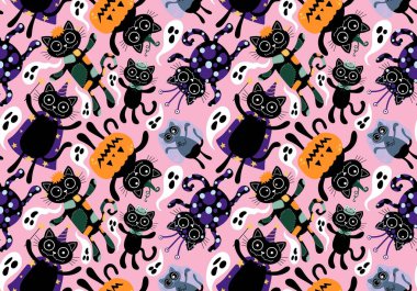 Cadılar Bayramı kedisi ve balkabağı derisi dikişsiz hayaletler ve kafatasları ve kağıt ve kumaşlar için zehir deseni ve çocuk giysileri baskısı ve sonbahar ambalajı ve moda tekstili. Yüksek kaliteli illüstrasyon