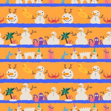 Plajda kusursuz kardan adam desenli bir Noel paket kâğıdı, kumaş, çarşaf ve çocuk giysileri baskısı, yeni yıl aksesuarları ve şenlikli ambalajlar için. Yüksek kaliteli illüstrasyon