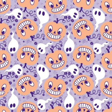 Çizgi film retro sebze hasadı dikişsiz Cadılar Bayramı balkabağı deseni kağıt, kumaş, çarşaf, çocuk baskısı, şenlikli ambalaj ve sonbahar aksesuarları. Yüksek kaliteli illüstrasyon