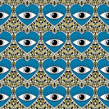 Karikatür retro sevgililer günü kartları, kumaşları, çarşafları, çocuk baskılarını, moda tekstillerini, şenlikli aksesuarları ve ambalajları paketlemek için kusursuz gözler ve kalpler deseni. Yüksek kaliteli illüstrasyon