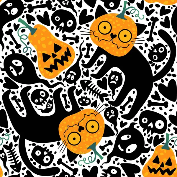 Caricature Gribouille Halloween Sans Couture Chats Citrouilles Crânes Motif Pour — Photo