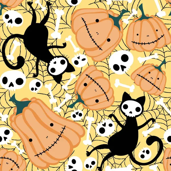 Cartoni Animati Doodle Halloween Senza Cuciture Gatti Zucche Teschi Ossa — Foto Stock