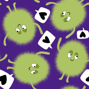 Çizgi film canavarları kağıt, kumaş, çarşaf, çocuk giysisi baskısı, şenlikli aksesuarlar ve anaokulu tekstil ürünleri için kusursuz tüysüz uzaylı desenleri. Yüksek kalite fotoğraf