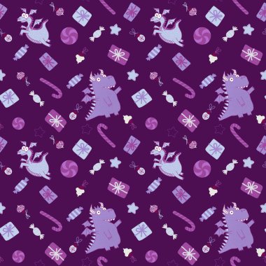 Çizgi film Noel dinozoru, dikişsiz ejderha, şeker, hediye kutusu, kumaş, şenlikli aksesuarlar ve yeni yıl aksesuarları için oyuncak desenleri. Yüksek kaliteli illüstrasyon