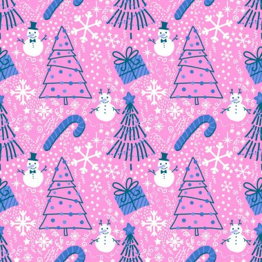 Çizgi filmsiz yeni yıl ağacı, kumaşlar, çarşaflar, şenlikli ambalajlar, çocuk giysileri baskıları ve kış aksesuarları için hediye deseni. Yüksek kaliteli illüstrasyon