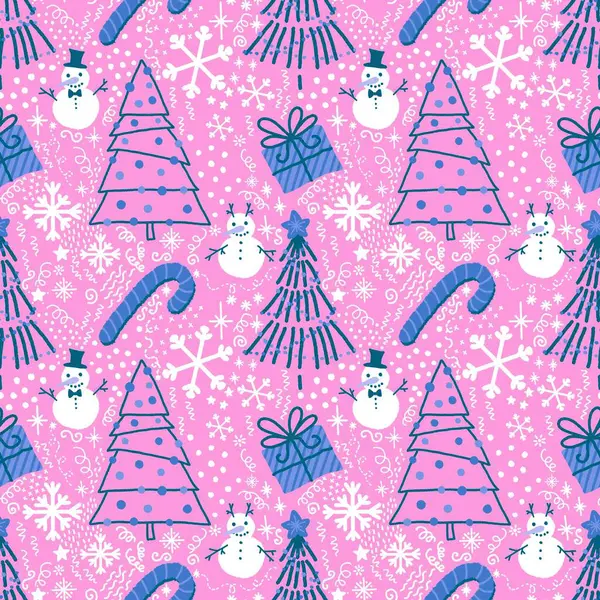 Cartoon New Year Seamless Christmas Tree Gift Pattern Wrapping Paper — Stock Photo, Image