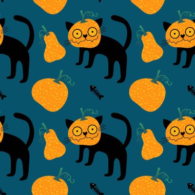 Çizgi filmlerde cadılar bayramı kedileri, balkabakları, kafatasları ve kemik desenleri ambalaj kağıtları, kumaşlar, çarşaflar, çocukların baskısı, sonbahar ve festival için. Yüksek kaliteli illüstrasyon