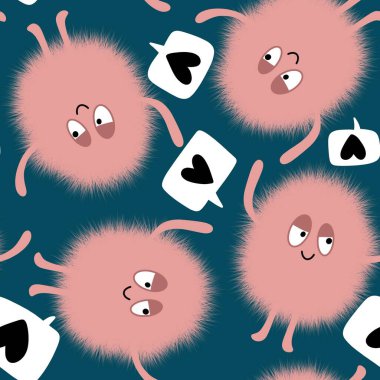 Çizgi film canavarları kağıt, kumaş, çarşaf, çocuk giysisi baskısı, şenlikli aksesuarlar ve anaokulu tekstil ürünleri için kusursuz tüysüz uzaylı desenleri. Yüksek kalite fotoğraf