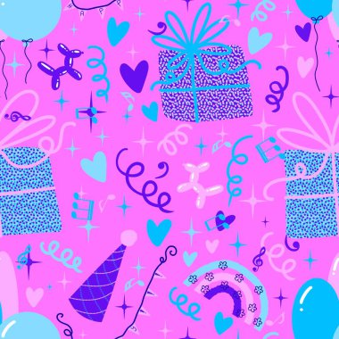 Karikatür retro kusursuz doğum günü şablonu kağıt, çarşaf, kumaş, çocuk giysisi baskısı, şenlikli ambalaj ve aksesuarlar için. Yüksek kaliteli illüstrasyon