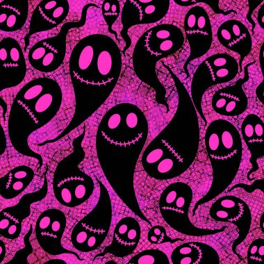 Cadılar Bayramı hayaletleri kağıt, kumaş, çarşaf ve çocuk giysileri baskısı, ambalaj ve şenlikli aksesuarlar için kusursuz çizgi film desenleri. Yüksek kaliteli illüstrasyon